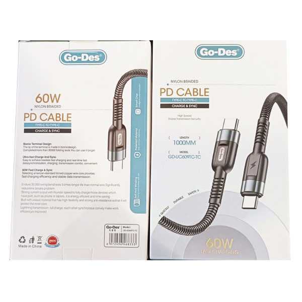 Go-Des Charging Nylon Braided Aluminum Alloy USB Cable, USB Type-C for iPhone, 60W, Black Color Model No. GD-UC609TC-TC