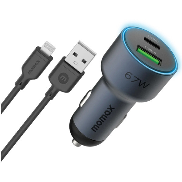 Momax Move 67W 2-Ports Car Charger with USB-C to USB-C 100W Cable, Gray Color, Model No. UC16GSC