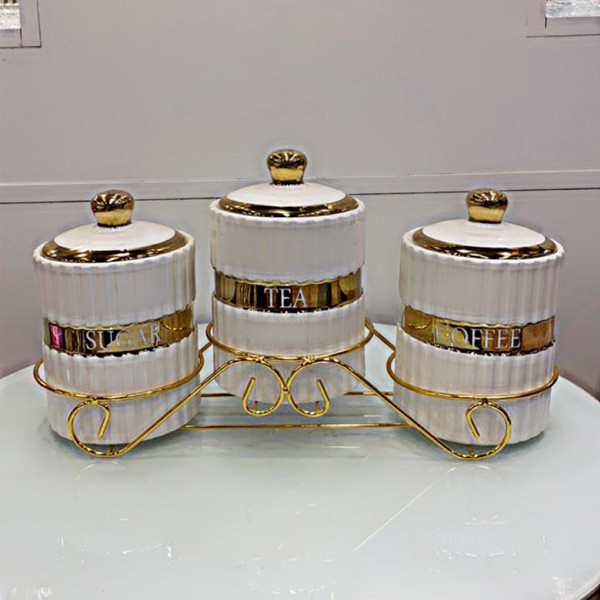 Set of 3 Porcelain Storage Jars with Golden Colored Crown & Gold Metal Base with Designs