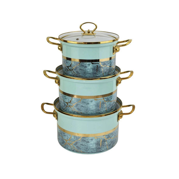 Russian Nonstick Casserole Cookware Set With Glass of 6 Pcs in White & Green Colors with Gold Handles & Designs