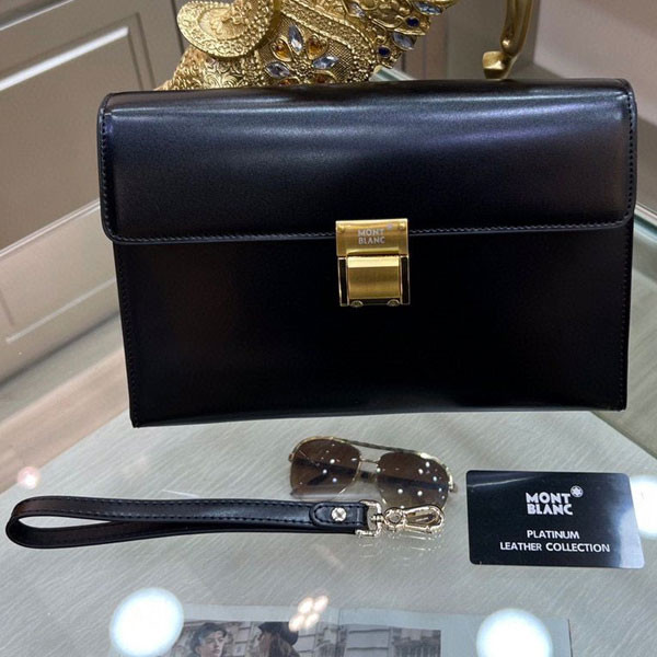 Mont Blanc Set with Platinum Leather Collection of Unisex Leather Small Back with Central Clasp in Black & Brown Color & Leather Strap + Sun Glasses
