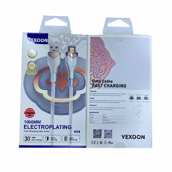 Vexoon Data Cable Fast Charging 30W, 1m, White Color, Type-C/Lightning/Micro Model No. A50