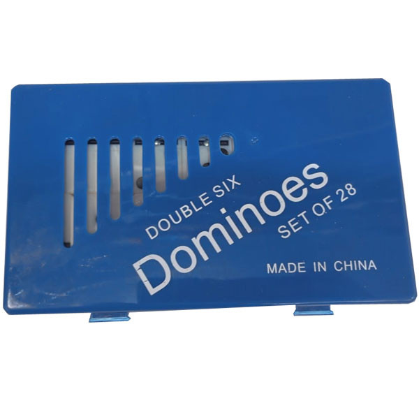 China Made Double 6, 28 Pieces, Domino Table Game, Blue Plastic/Metallic Box