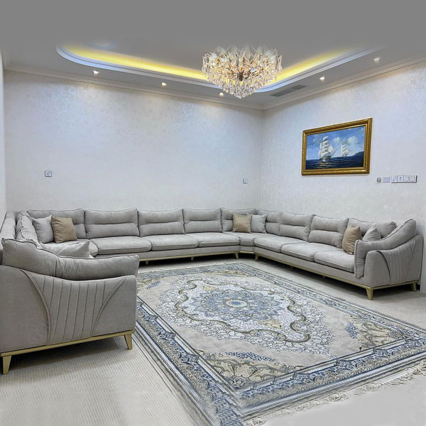 High Quality Linen Fabric Corner Gray Sofa with Dents & Golden Colored Metallic Base Legs (price per meter)