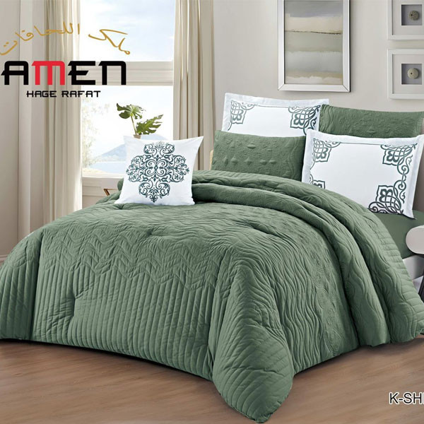 Amen Hage Rafat Set of 7 pieces (Comforter, Filted Sheet, 2 Pillow Cases, 2 Pillow Shams, Cushion) Green Color, Model No. K-SHINY 02
