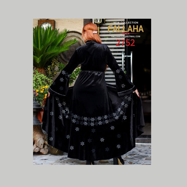 Fallaha New Collection Single Black Color Abaya with Black Fabric Belt & Gray Embroidered Small Stars on Sleeves & Abaya's Bottom - Edges Model No. 2752