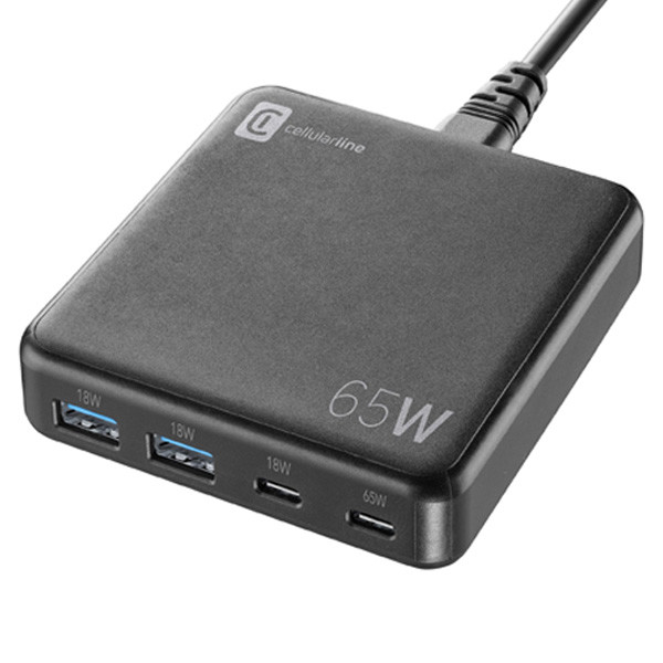 Cellularline Multipower Desk Charger 4-Ports Gan 65W UK, Black  Color, Model No. ACHUSBGAN4PD65WUKK