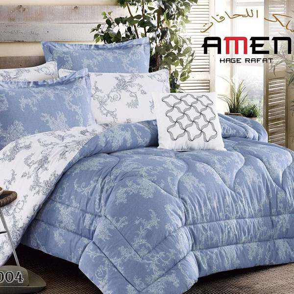 Amen Hage Rafat Bed Set of 7 pieces Double Face, White-Blue Color Decorated with Flowers, Model No. SILLA-004