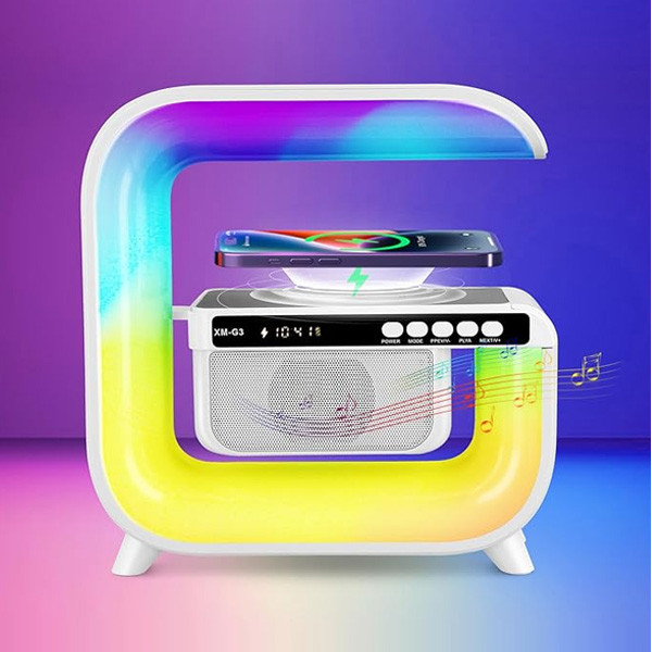 OEM Smart Lamp Bluetooth Speaker with Wireless Charger, G Speaker Lamp Charger with Music Sync, Dimmable Night Light RGB Color Changing Model No. XM-G3