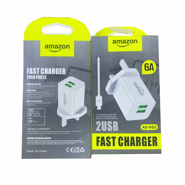 Amazon Fast Charger 2 USB Ports, 6A, White Color, Model No. AS-002