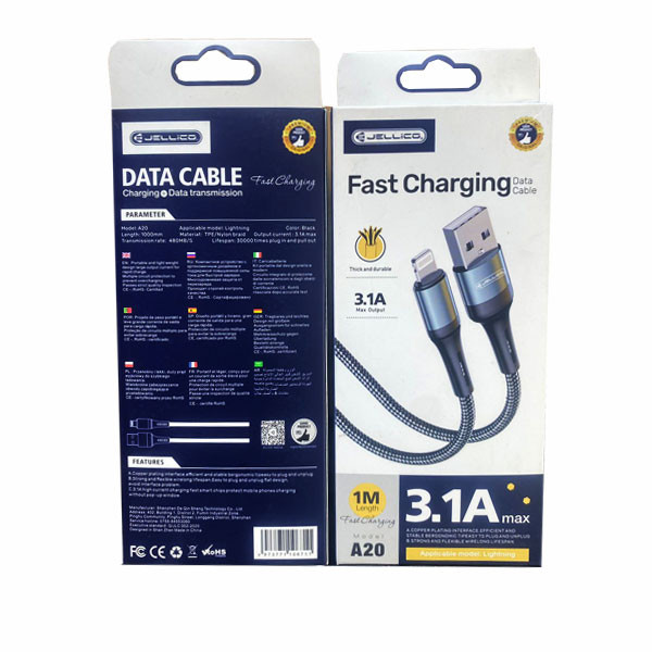 Jellico Fast Charging Data Cable Lightning 3.1A, 1m, Gray Color Model No. A20