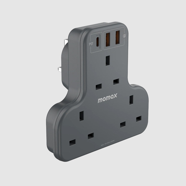 Momax OnePlug 3-Outlet T-shaped Extension Socket with USB Space, Gray Color, Model No. US6UKE