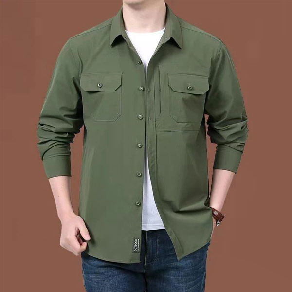 Outdoor Monochrome Long Sleeve Shirts for Men in 4 Colors (Beige, Green, Black & Light Gray)