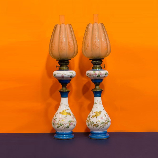 2 Vintage Lights with Fixture Porcelain Lamp White and Blue black Colored with Flowers & a Gold Colored Bird