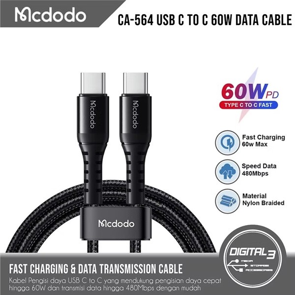 Mcdodo USB-C to C 60W PD Fast Charging Data Cable, Black Color, Model No. CA-5642