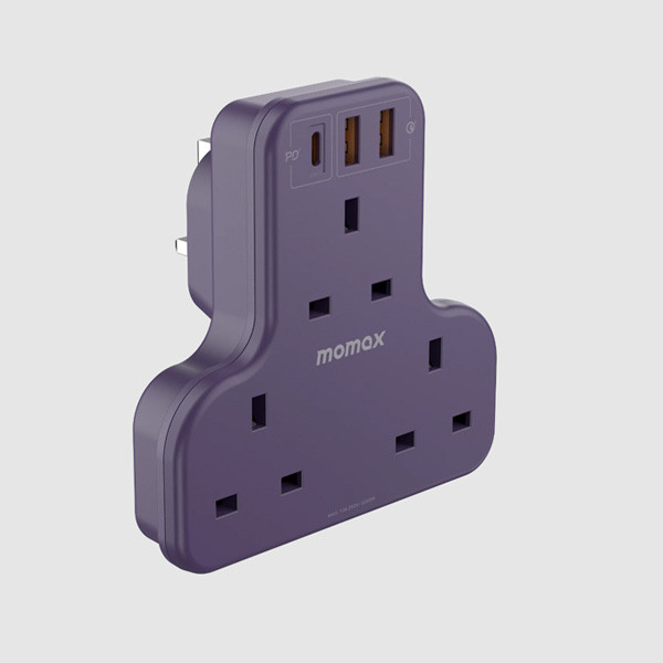 Momax OnePlug 3-Outlet T-shaped Extension Socket with USB Space, Purple Color, Model No. US6UKU