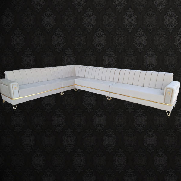 Russian Wooden Sofa Covered with Turkish White Fabric of High Pressure Sponge, 4 Years Warranty, Gold Colored Metallic Design (price per meter)