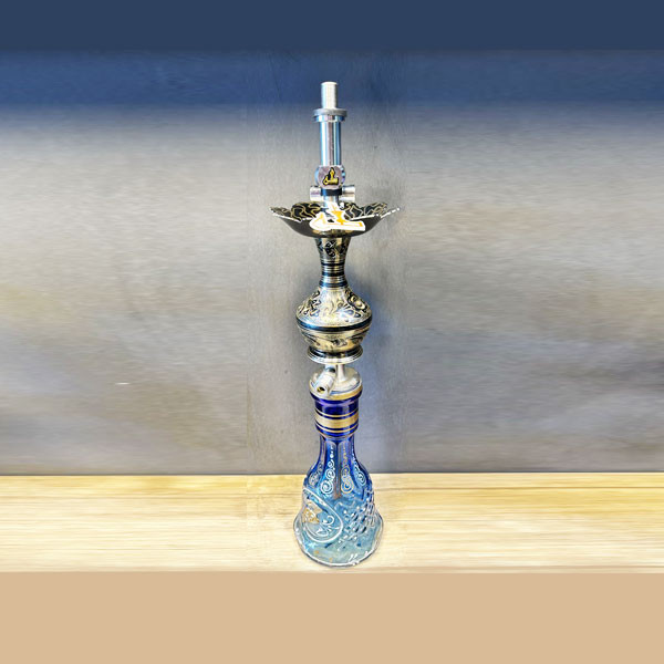 Taha Hookah Super VIP with Blue Shade Base Bottle Decorated with Gold & White Designs, Black-Golden Metallic Body with Golden Flower Designs & Black Metallic Flower Style Tray