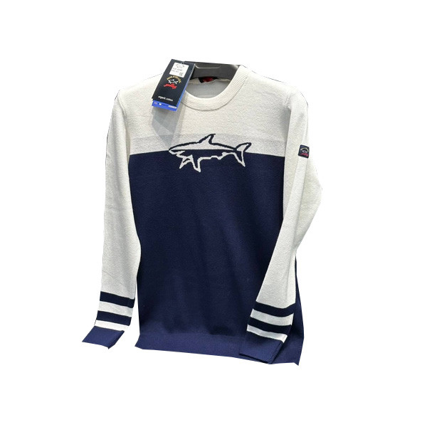 Paul & Shark Casual Fit Winter Blouse for Men with Big Paul & Shark Logo Graphic Print in the Middle of the Chest, Double Colored, in 3 Color Combinations (White & Black, White & Blue, White & Orange)