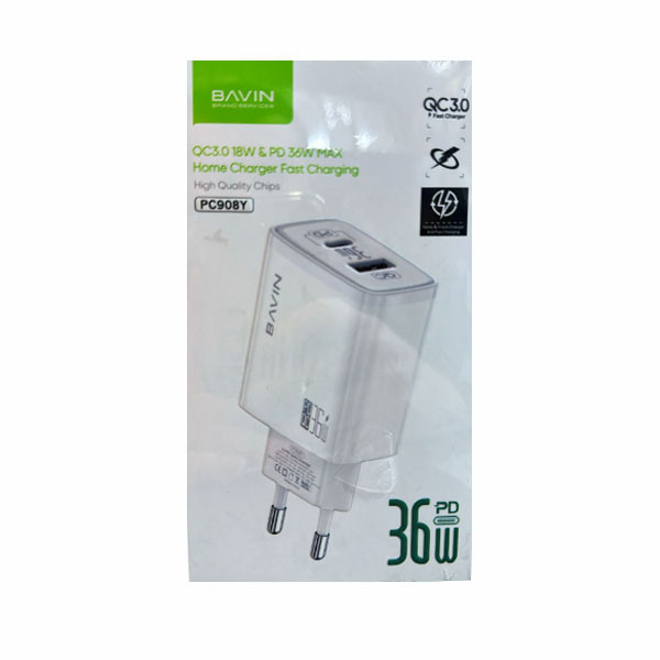Bavin 18W & PD 36W Max Super Fast Charging Dual Port Adapter Pd + Qc3.0, For iPhone, White Color Model No. PC908Y