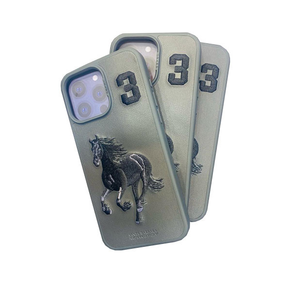Santa Barbara Embroidered Horse Series Leather Grey Back Case Compatible with iPhone 15 Pro Max