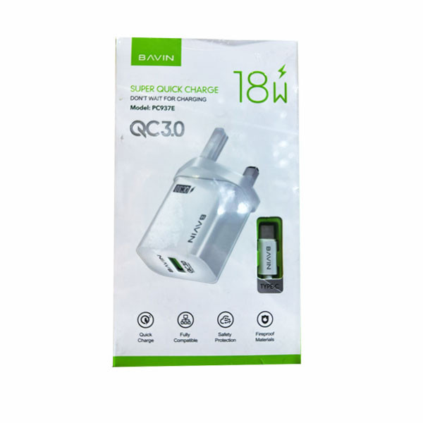 Bavin 18W, Type C, Super Quick Charging, Qc3.0, White Color Model No. PC973E