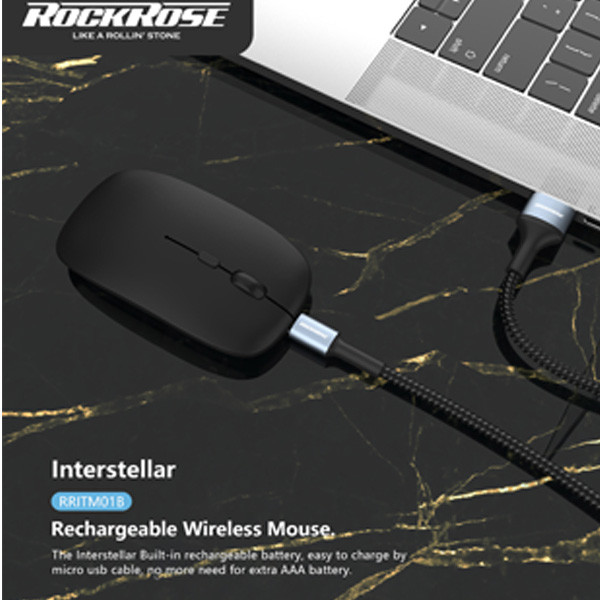 Rockrose Rechargeable Dual Mode Interstellar Mouse 2.5Ghz Wirelesss/Bltuetooth 5.0, Black Color, Model No. RRITM01B