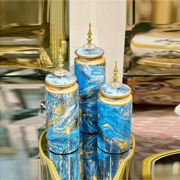 Different Dimension 3Pcs Porcelain Jar Set, Blue Colored with Gold Color Decoration & Blue Round Lid with Golden Chess Piece Finish