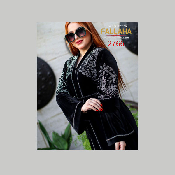 Fallaha New Collection Single Black Color Abaya with Black Beads Belt & Gray Embroidered Flower Designs on 2 Shoulders & Abaya's Bottom Sides Model No. 2766