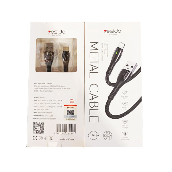 Yesido Charging Cable - USB, Lightning, 1.2 Meters, Black Color, Model No. CA43