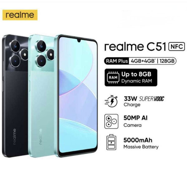 Realme C51, RAM Plus 4GB + 4GB, 128GB, 33W, 50MP AI, 5000mAh