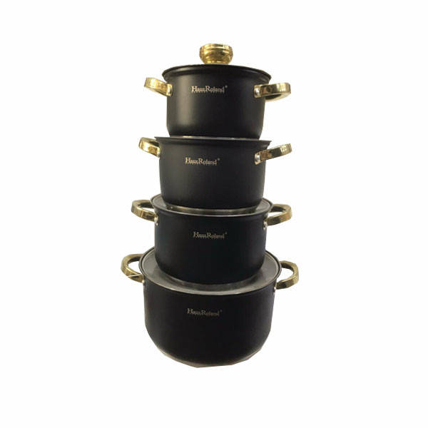 HausRoland Aluminium Die-Casting Cookware 8pcs Set Cooking with Rose Gold Handles, Black Color