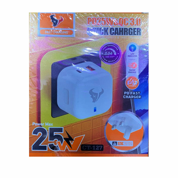 OEM 25W USB C Fast Charger Plug, Type-C, PD Wall Fast Charging Power Adapter, UK 3 Pin, 3.0A, White Color Model No. CT-127