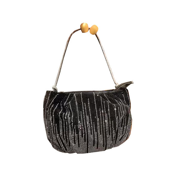 No Name Shoulder Bag for Women, Black Color with Vertical Silver Strass