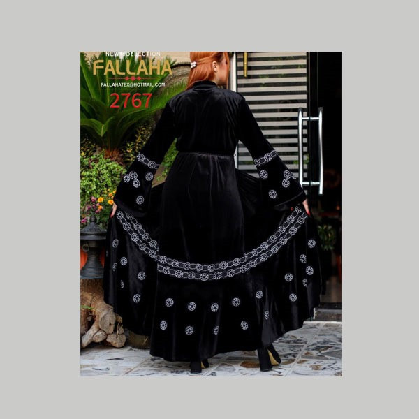 Fallaha New Collection Single Black Color Abaya with Black Fabric Belt & Gray Embroidered Small Round Designs on Sleeves & Abaya's Bottom - Edges Model No. 2767