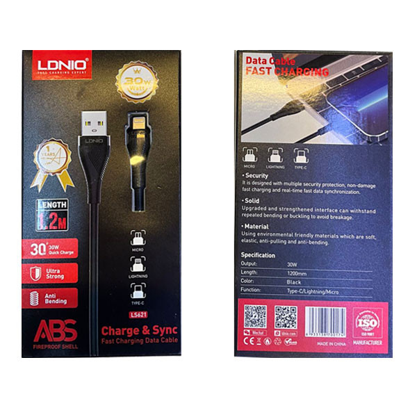 Ldnio 30W Lightning Fast Charging Data Cable, ABS, Anti Bending, 1.2m, Black Color, Model No. LS621