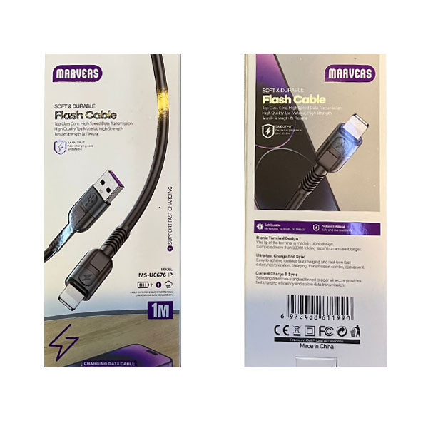 Marvers Soft & Durable Flash Lightning Cable, 3A, 1m, Black Color, Model No. MS-UC676 IP
