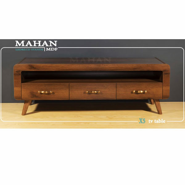 Mahan X5 TV Table from MDF, 160cm width, Brown Wooden Color Rectangular Shape with 3 Drawers that have Golden Colored Handles