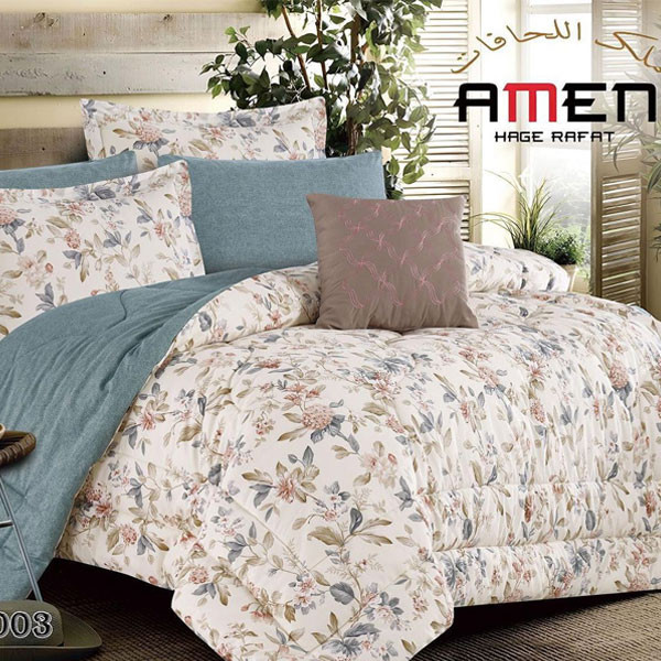 Amen Hage Rafat Bed Set of 7 pieces Double Face, White-Blue/Green Color Decorated with Flowers, Model No. SILLA-003