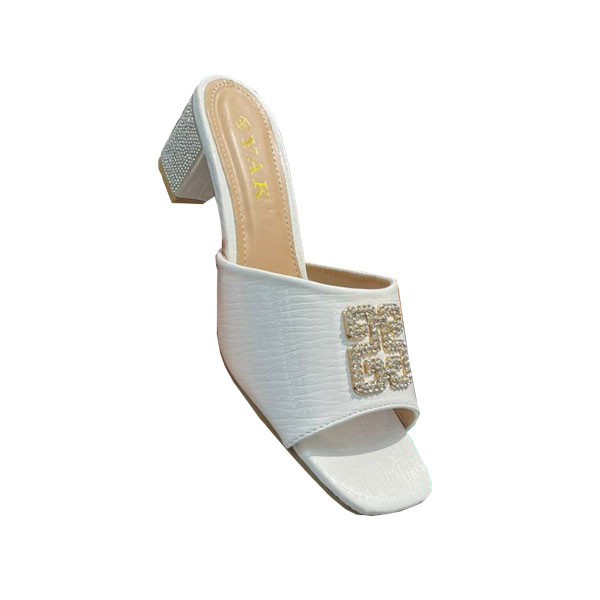 Yak Mules Women's Shoes White Leather Decorated with Golden Colored Strass & Logo in the Band
