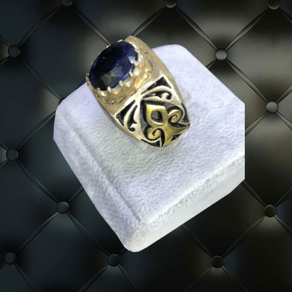 Hand Made Silver Ring, Decorated with Big Blue Sapphire Stone & Elegant Side Designs, for Men