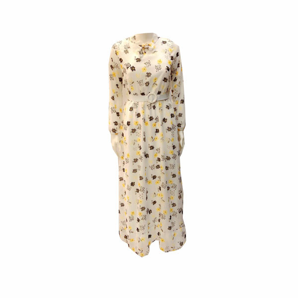 Harzan Gul White Color Abaya Decorated with Painted Brown - Yellow Small Flowers with Fabric White Belt with White Circular Flower Style Clasp