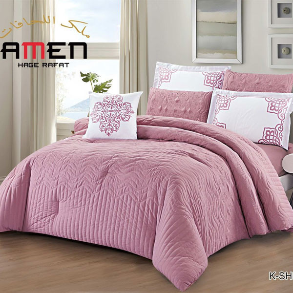 Amen Hage Rafat Set of 7 pieces (Comforter, Filted Sheet, 2 Pillow Cases, 2 Pillow Shams, Cushion) Pink Color, Model No. K-SHINY 06