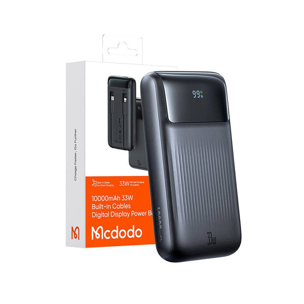 Mcdodo 33W Digital Display 10000 mAh PowerBank Built in Cable, Black Color, Model No. MC-0231