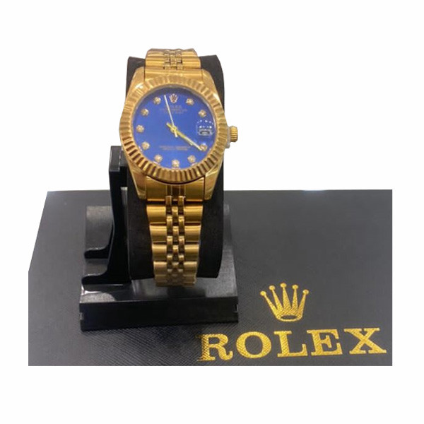 Rolex Gold Colored Watch for Women with Blue Dial & Gold Colored Stainless Steel Bracelet (Replica)