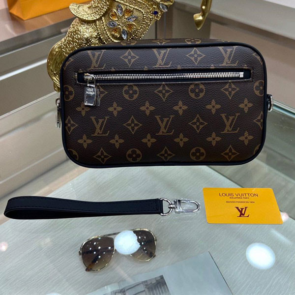 Louis Vuitton Set with Unisex Leather Neceser in Black & Brown Color with Leather Strap & Sun Glasses