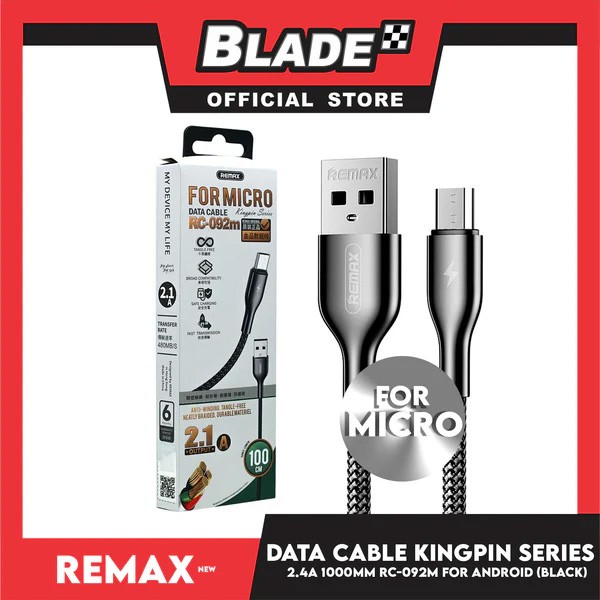 Remax Data Cable Kingpin Series 2.1A 1000mm for Android, Black Color, Model No. RC-092M
