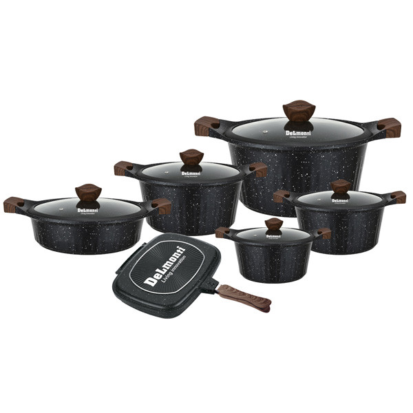 DeLmonti Cookware Set 12Pcs Nano Granite, Black Color, Model No. DL1150-BL