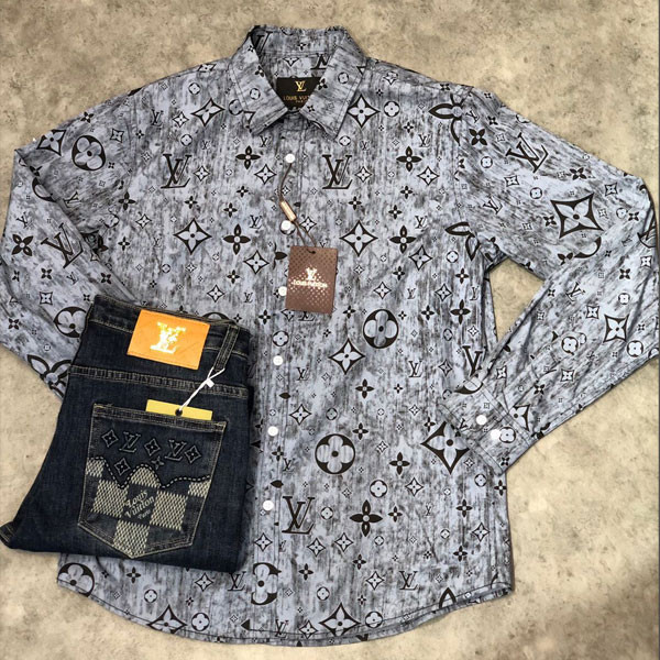 Louis Vuitton Set of Blue Black Color Washed Οut Jean & Long Sleeve Shirt in 2 Colors (White & Gray)