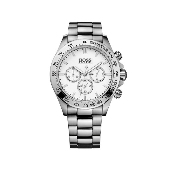 Hugo Boss Ikon Collection Chronograph Quartz Analog Red Dial Men's Watch Silver Stainless Steel Bracelet Model No. 1512962